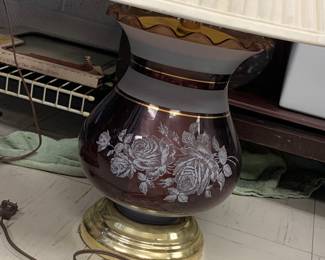 MCM double light lamp burgundy w white and gold stripes and roses