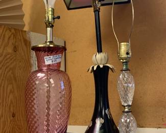 MCM brass and pink swirled glass lamp cut glass and marble lamps, metal lotus painted lamp w painted shade