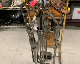 5-piece fireplace set, brass clothes butler with matching hangers, MCM wooden table with lamp