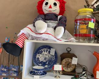 Raggedy Ann doll, blue Willow China, Kerr sun tea jug, & lots of salt & pepper shakers