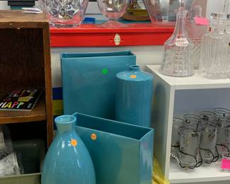 Teal and clear art glass from furniture market in high point, barware and cut crystal and glass decanters