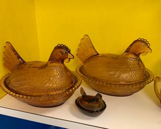 Brown glass and milk glass hens on nests (tiny one was already sold)