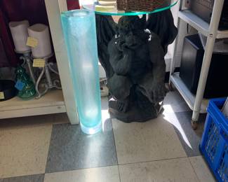 “Nick” the gargoyle glass topped table & beautiful aqua recycled art glass from furniture market in high point