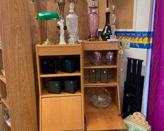 Vintage Scandinavian bedsidetable/secretary set, MCM lamps, tv mount arm, art glass, mini correspondence secretary hand painted