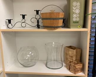 MCM canister set, Fenton plate, Firkin, 5-candle holder, art glass and ceramics