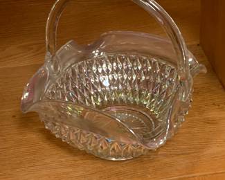 MCM iridescent pressed glass basket w handle