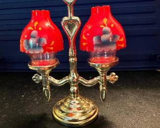Tiny “oil lamp” salt & pepper shaker set on brass holder