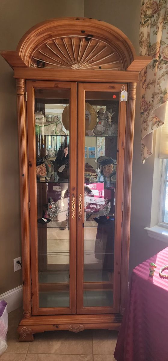 Knotty Pine Curio with a Bell Top, Top Lit, Mirror Back, Glass Shelves, Front Entry
