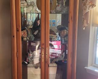 Knotty Pine Curio with a Bell Top, Top Lit, Mirror Back, Glass Shelves, Front Entry