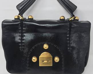 FENDI 
F3 secret code satchel flap bag in Black Patent 