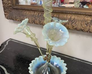 Vaseline Glass Victorian Epergne (one horn damaged)
