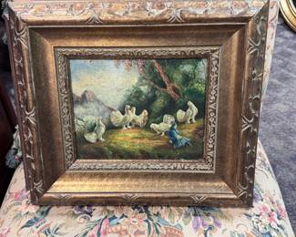 Small Oil on Board of Chickens
