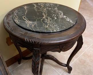 Round wood side table with marble insert