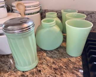 Jadeite tumblers, sugar shaker, salt and pepper shakers