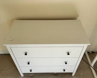 R46 - $75. 3 Drawer White Dresser. All drawers slide. Measures 36" wide x 17" deep x 32" tall. 