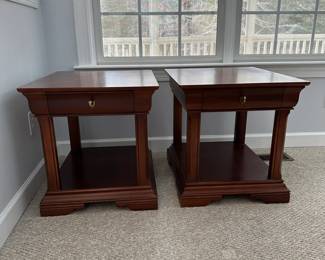 R26 - $125. PAIR of Thomasville Side Tables. Measures 27" wide x 23" deep x 24" tall. Very gently used! Drawers slide easily.