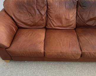 R24 - $50. Leather Couch - No holes/rips/tears etc. But staining on the head rests. Measures 92" long x 38" deep x 34 tall floor to top of cushions. Floor to seat is 17". 