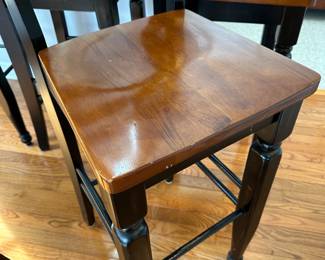 R14 - $100. Set of 4 Wooden Bar Stools. Measures 16" wide x 16" deep x 30" floor to seat. Floor to back is 46" tall. Stained Black & Wooden Seats - all show little bits of wear (scuffs, marks etc.) but all are sturdy!