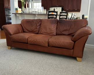 R24 - $50. Leather Couch - No holes/rips/tears etc. But staining on the head rests. Measures 92" long x 38" deep x 34 tall floor to top of cushions. Floor to seat is 17". 