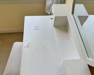R47 - $50. Small Mirrored Vanity with Bench. Measures 28" wide x 16" deep x 29" tall. Top has some marks from use - great for a girls room! 