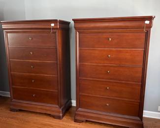 R16 - $250 EACH. 2 available. Measures 40" wide x 19" deep. 62" tall. 5 drawers with pulls and one "secret drawer" at the top. Very good / gently used condition. All drawers slide easily. 