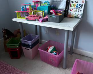 R60 - $25. Ikea Desk. Measures 39.5" long x 23.5" deep x 28.5" tall. Girls toys are priced individually. 