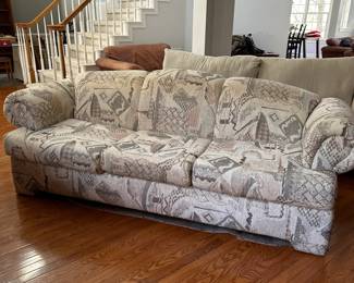 R17 - $75. Goode Vintage Sofa. Very comfortable! Measures 96" long x 39" deep x 36" tall. Floor to seat is 19". Was in a 3rd story playroom so very gently used. 
