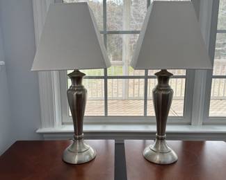 R27 - $30. PAIR of Stainless Look Table Lamps. 29" tall. 