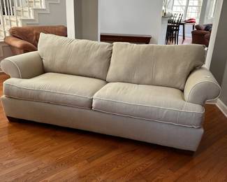 R18 - $250. Bauhaus Sofa - Made in the USA. Nice neutral cream/grey. Measures 90" long x 39" deep x 31" tall. Floor to seat is 19".  A little pilling but overall very gently used. One small hole in on the back. 