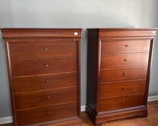 R16 - $250 EACH. 2 available. Measures 40" wide x 19" deep. 62" tall. 5 drawers with pulls and one "secret drawer" at the top. Very good / gently used condition. All drawers slide easily. 