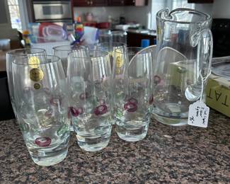 O64 - $75. Block Crystal Pitcher & 6 Glasses. 