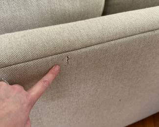 R18 - $250. Bauhaus Sofa - Made in the USA. Nice neutral cream/grey. Measures 90" long x 39" deep x 31" tall. Floor to seat is 19".  A little pilling but overall very gently used. One small hole in on the back. 