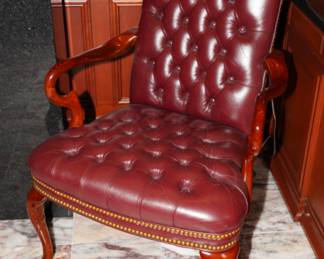 Tufted burgundy leather gooseneck chairs x 2