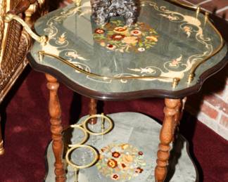 Inlaid Italian marquetry rolling bar cart