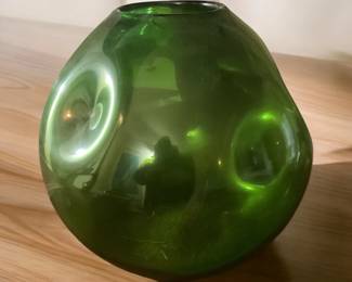 Mid Century Hand Blown Green Glass Orb Vase