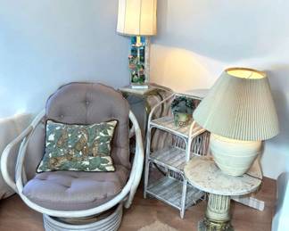 White Rattan Lounge Chair, Lighting, Tables and Book Case