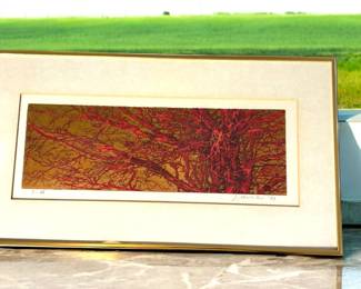 Japanese Woodblock Signed Joichi Hoshi "Red Branch" 1973