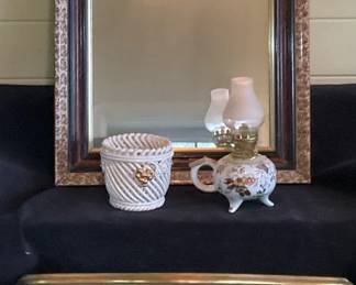 Florentine Wood Gold Shelf, Miniature Oil Lamp, Italian Votive Holder Faux Bois Mirror