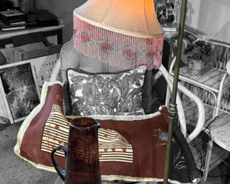 Swing Arm Lamp, Glass Pitcher, Foot Stool, Candle Holder Petit Point