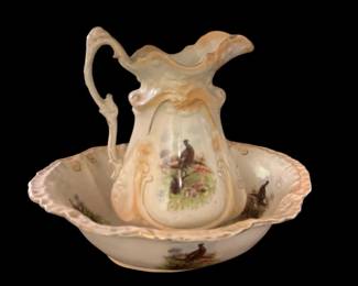Antique Victorian English Pheasant Wash Bowl Pitcher