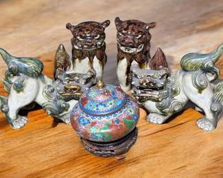 Chinese Champleve Lidded Jar  Two Pairs of Foo Dogs