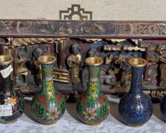 Chinese Gilded Wooden Carved Panel Cloisonne Mini Vases