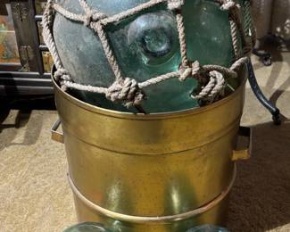 Large Antique Japanese Glass Fishing Float, Smaller Floats A Large Brass Planter