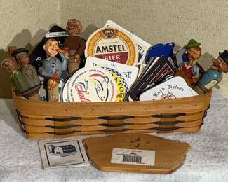 Wood Carved Wine Stoppers, Longenbarger Basket Collection of Beer Coasters 