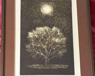 Joichi Hoshi Woodblock Print Moon and Tree