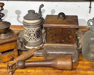 Vintage Kitchen Coffee Grinder, Recipe Box, Medicine Bottle, Wood Masher  More