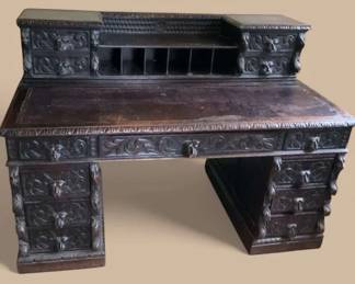 Antique Victorian Carved Green Man Motif Pedestal Desk