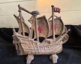 Antique Arts Crafts Cast Iron Spanish Galleon Ship Doorstop, Fishing Pole  Souvenir Boats