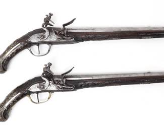 Lot 103 Brace of Silver Inlaid Engraved Flintlock Cavalry Pistols, Late 18th c.