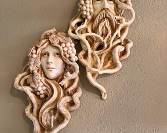 Grape Harvest Greenman & Greenwoman Sculptural Wall Decor